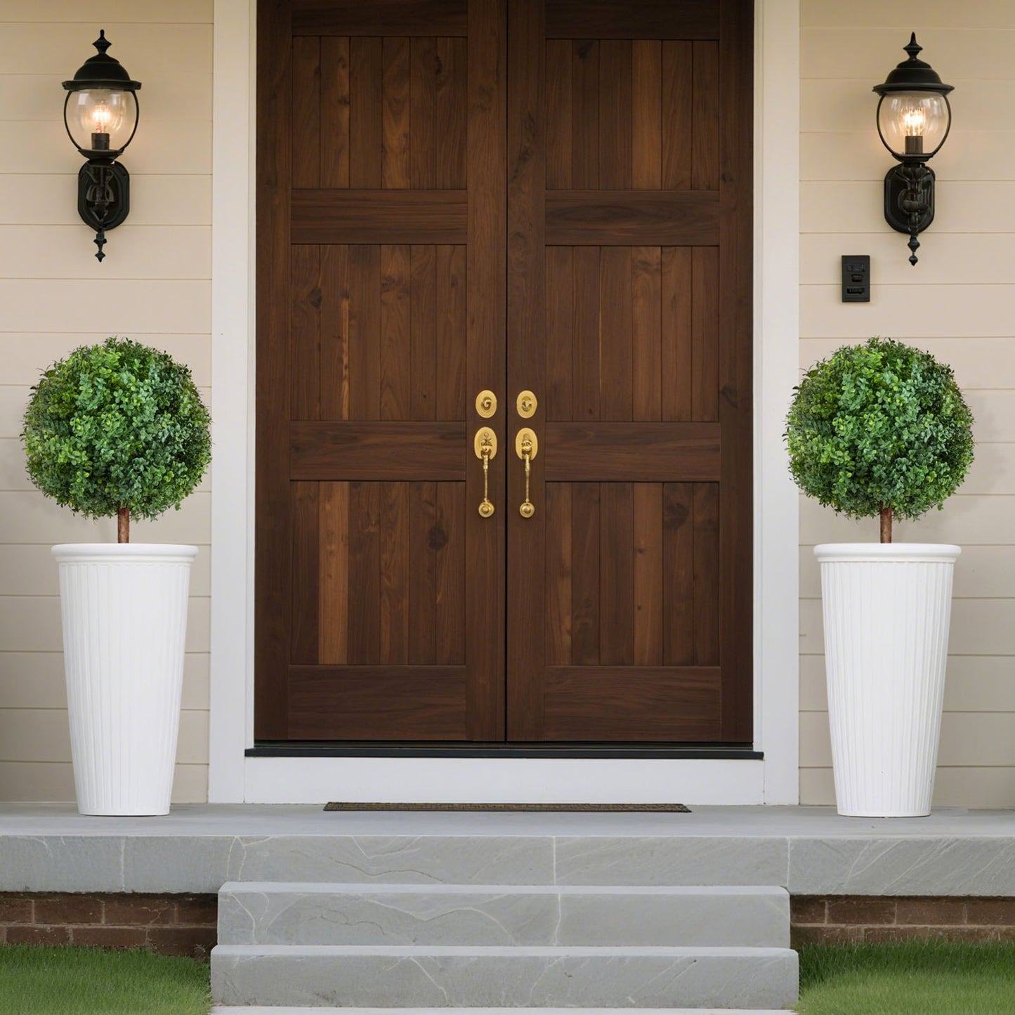 Konstgjorda buxbomträd med markspett, 2-set 686 mm konstgjorda buskar och krukväxter, konstgjorda sidenträd ser äkta ut för dekoration veranda utomhus inomhus uteplats trädgård balkong bakgård