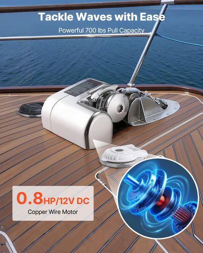 Horizontal Fishing Windlass, 12V DC 600W, Windlass Anchor Systems Fit for 6.35 mm Chain or 14.3 & 15.9 mm Nylon Rope, Max Pull 260 kg, 316 Stainless Steel Construction, for Boats 7-9 m
