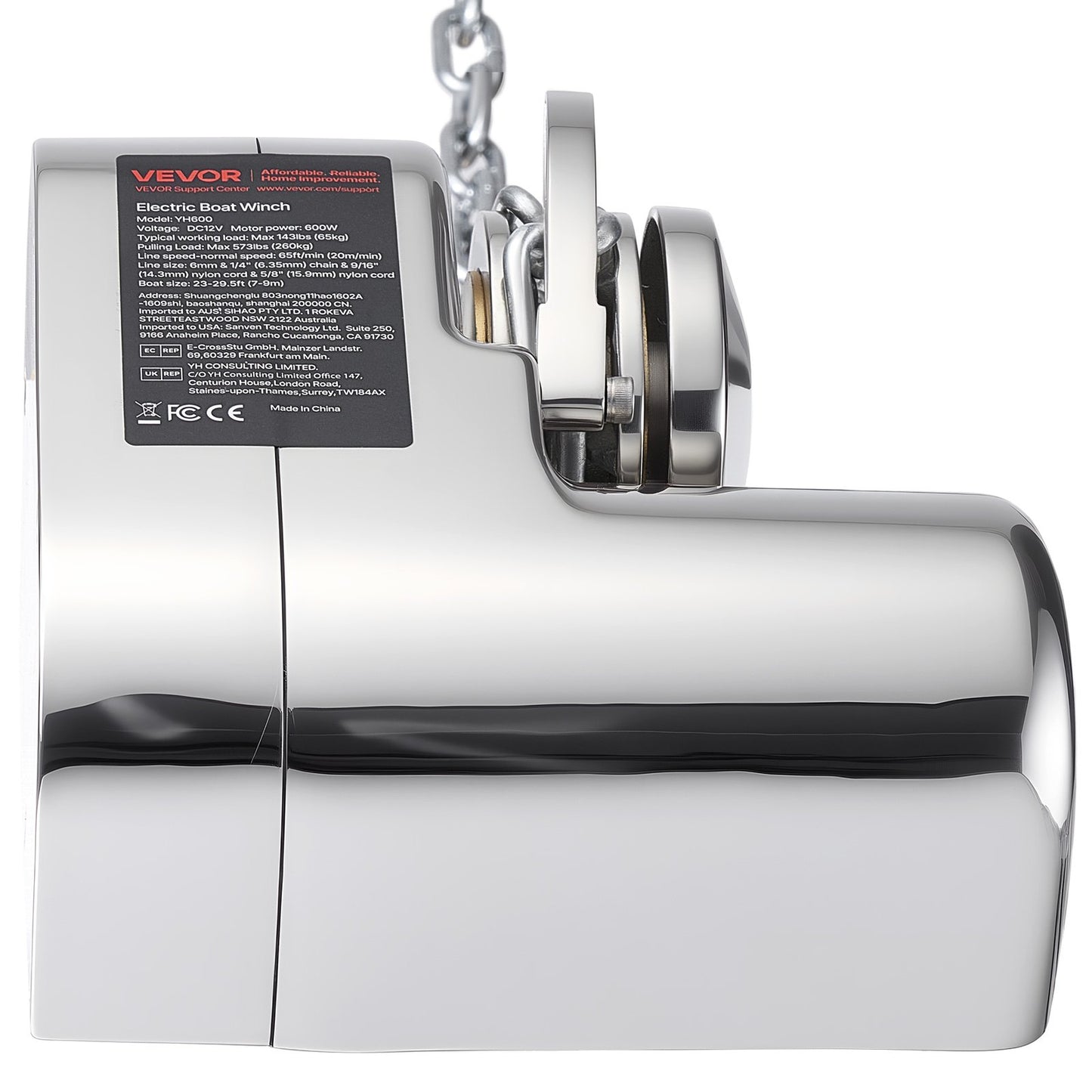 Horizontal Fishing Windlass, 12V DC 600W, Windlass Anchor Systems Fit for 6.35 mm Chain or 14.3 & 15.9 mm Nylon Rope, Max Pull 260 kg, 316 Stainless Steel Construction, for Boats 7-9 m