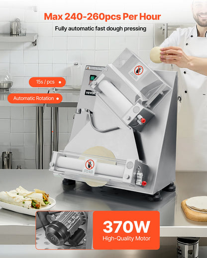 Pizza Dough Roller Sheeter, 3-14 Inch Automatic Stainless Steel Pizza Press, Commercial Electric 370W Pasta Maker Machine, 260 pcs Per Hour, Adjustable Thickness, with Dough Press Lid