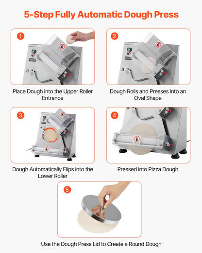 Pizza Dough Roller Sheeter, 3-14 Inch Automatic Stainless Steel Pizza Press, Commercial Electric 370W Pasta Maker Machine, 260 pcs Per Hour, Adjustable Thickness, with Dough Press Lid