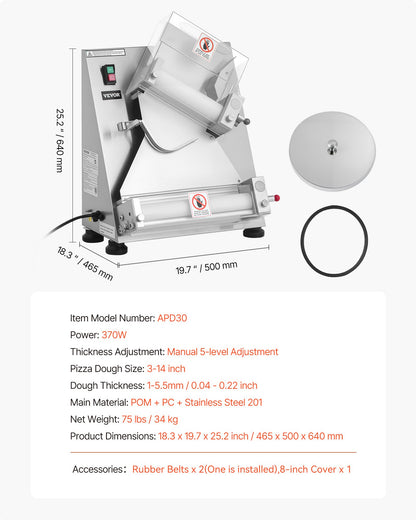 Pizza Dough Roller Sheeter, 3-14 Inch Automatic Stainless Steel Pizza Press, Commercial Electric 370W Pasta Maker Machine, 260 pcs Per Hour, Adjustable Thickness, with Dough Press Lid