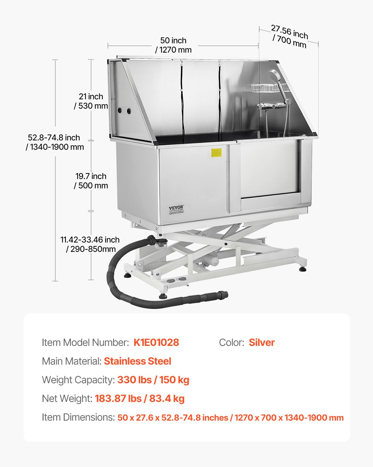Elektrisk lyftbar hundtvättstation, 127 cm professionellt rostfritt stålbadkar med PE-vattenfilterbräda, kran och duschmunstycke, handfat för flera husdjur (höger dörr)