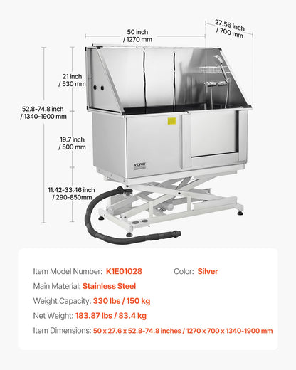 Elektrisk lyftbar hundtvättstation, 127 cm professionellt rostfritt stålbadkar med PE-vattenfilterbräda, kran och duschmunstycke, handfat för flera husdjur (höger dörr)