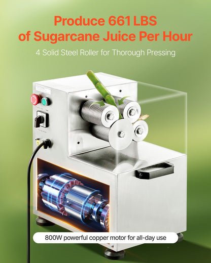 Commercial Sugar Cane Juicer, 800W Electric Sugarcane Juicer Machine with 300KG/H High Output, 4 Stainless Steel Rollers, Sugar Cane Press Juice Extractor Squeezer for Home/Commercial Use