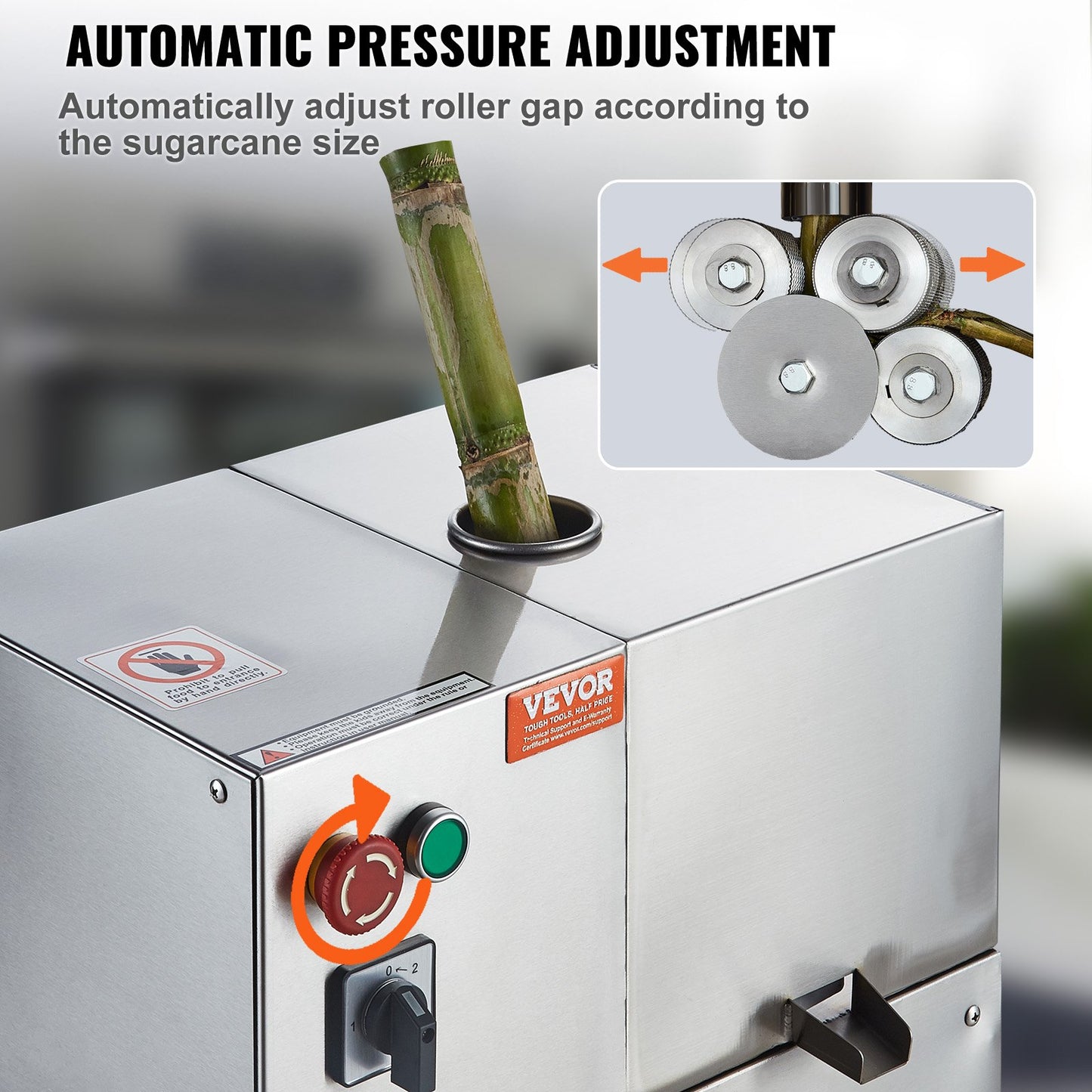 Electric Sugar Cane Juicer, 800W Sugarcane Juicer Machine with 661LBS/H High Output, 4 Stainless Steel Roller, Auto Roller Pressure Adjustment Sugarcane Juice Press Extractor for Home/Commercial