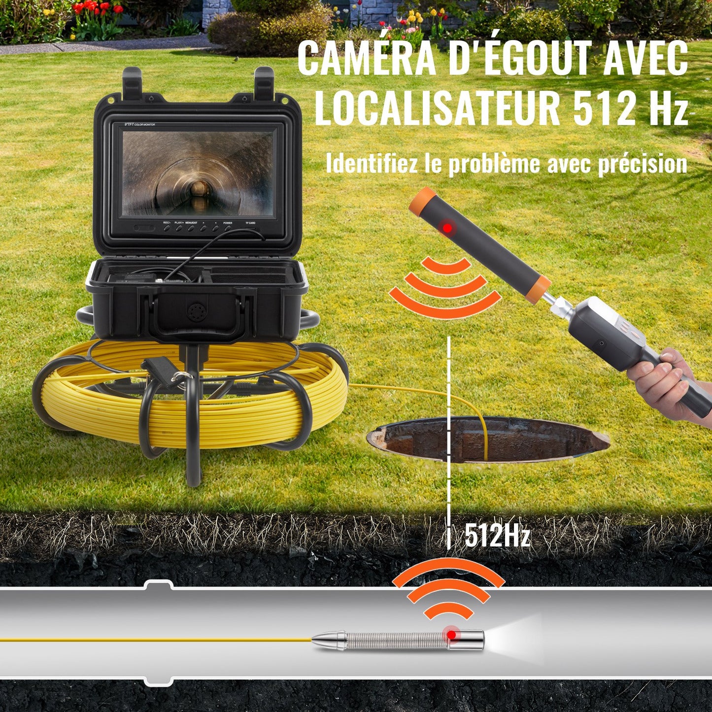 Sewer Camera Pipe Inspection Camera w/ 512hz Sonde 22.9 cm 720p Screen 50.3m