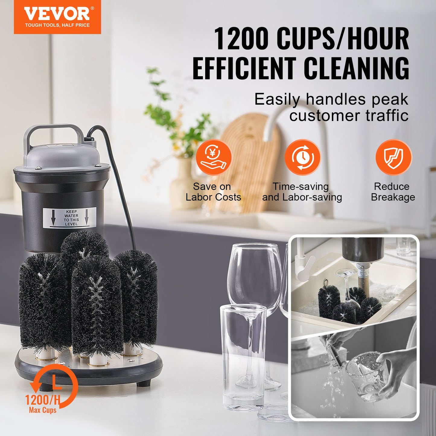 Electric Commercial Glass Washer, 5-Brush Bar Glass Cleaner, 1200 Cups/Hour Wine Glass Cleaning Machine, Bar Glass Washer for Champagne Glasses, Beer Cups, Mugs, Perfect for Bars and Cafes