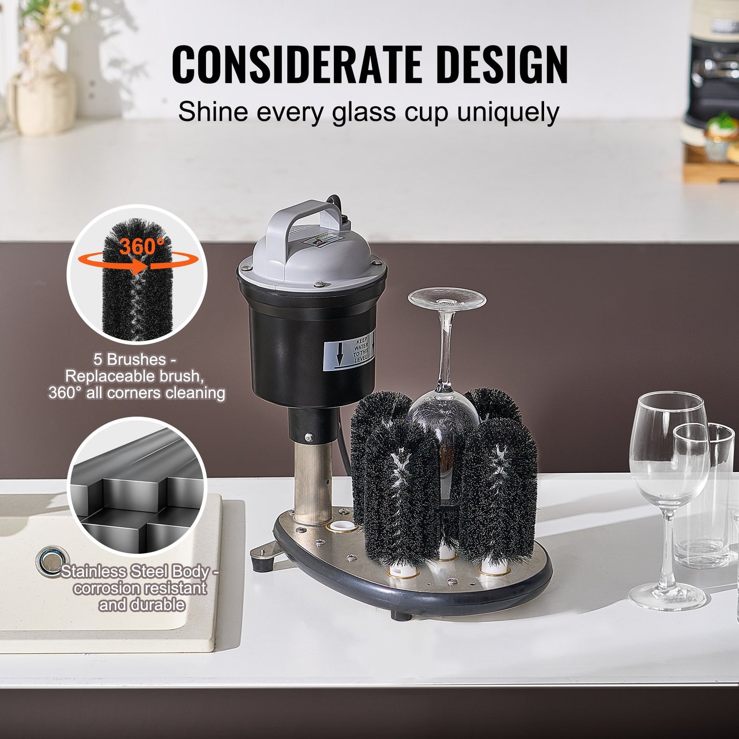 Electric Commercial Glass Washer, 5-Brush Bar Glass Cleaner, 1200 Cups/Hour Wine Glass Cleaning Machine, Bar Glass Washer for Champagne Glasses, Beer Cups, Mugs, Perfect for Bars and Cafes