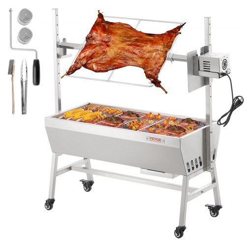 Uppgradera rotisseriegrill, 35 tum, 40 kg kapacitet, grillad hel gris, lamm, get, kolgrill, elektrisk 42W motor, rotisserie i rostfritt stål med låsbara hjul, för camping utomhus