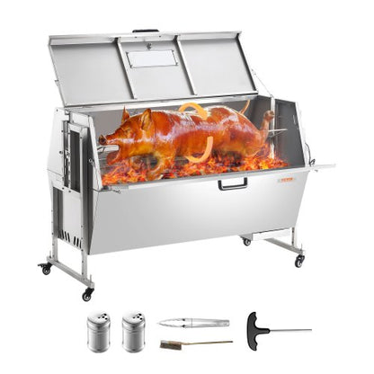 60W Rotisserie Grill with Hooded Cover, 56 Inch Pig Lamb Goat Rotisserie Grill Roaster, 286Lbs Capacity, Stainless Steel Charcoal Spit Roaster with Lockable Wheels, for Camping Outdoor Barbecue