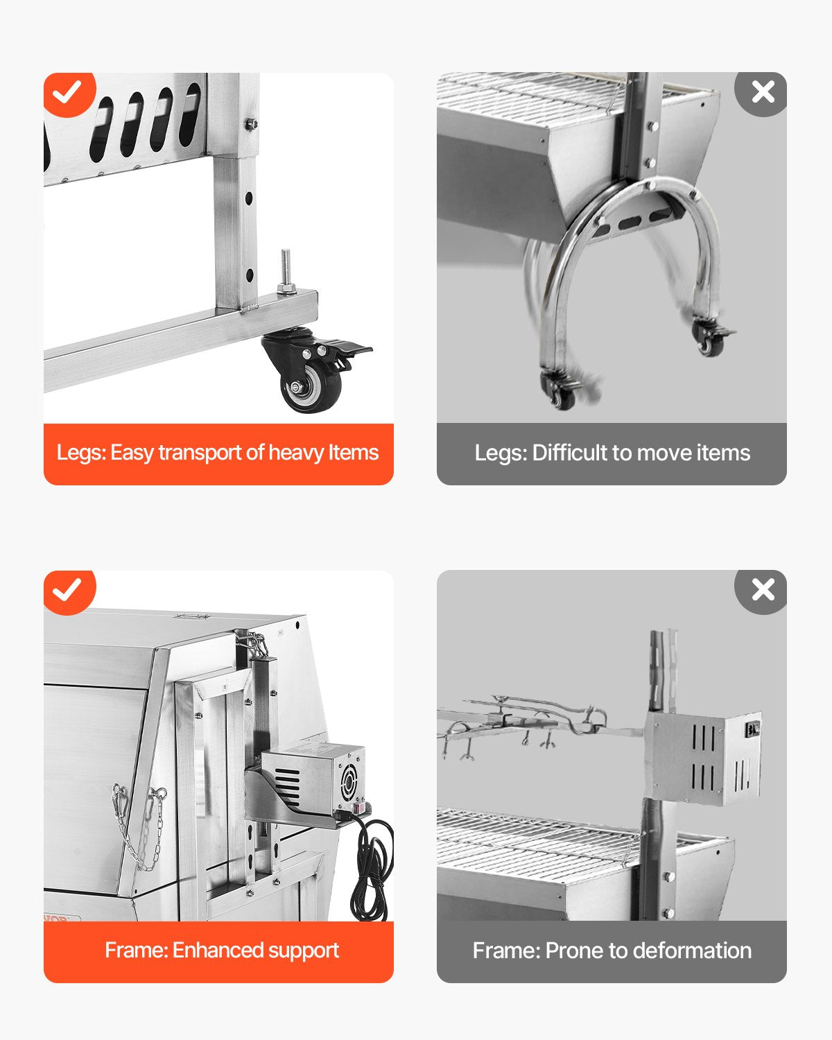 60W Rotisserie Grill with Hooded Cover, 56 Inch Pig Lamb Goat Rotisserie Grill Roaster, 286Lbs Capacity, Stainless Steel Charcoal Spit Roaster with Lockable Wheels, for Camping Outdoor Barbecue