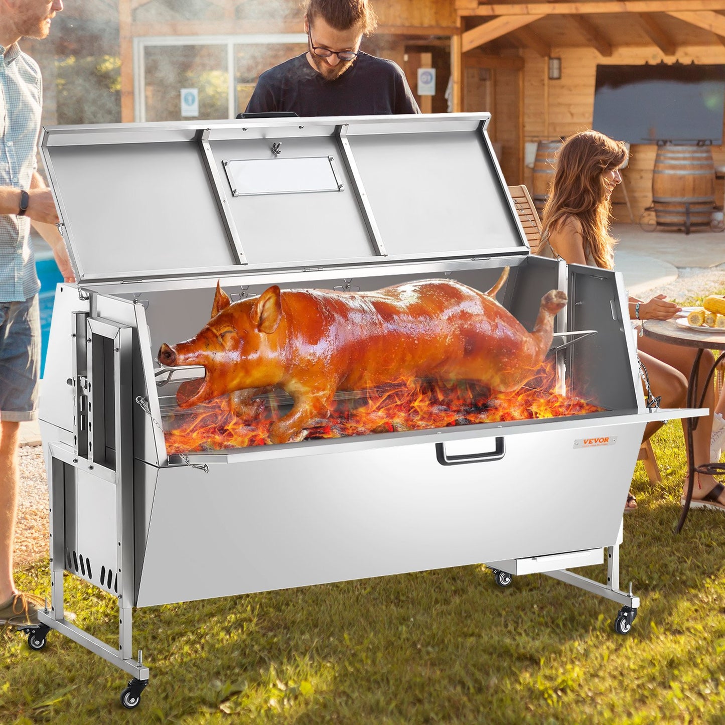 60W Rotisserie Grill with Hooded Cover, 56 Inch Pig Lamb Goat Rotisserie Grill Roaster, 286Lbs Capacity, Stainless Steel Charcoal Spit Roaster with Lockable Wheels, for Camping Outdoor Barbecue
