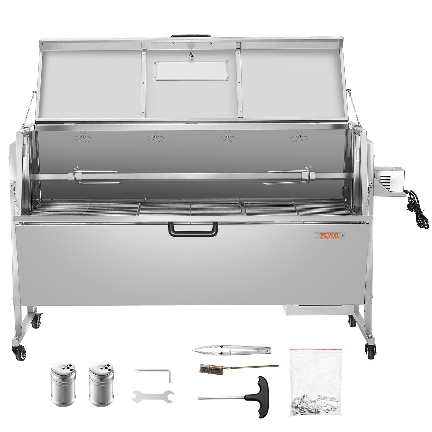 60W Rotisserie Grill with Hooded Cover, 56 Inch Pig Lamb Goat Rotisserie Grill Roaster, 286Lbs Capacity, Stainless Steel Charcoal Spit Roaster with Lockable Wheels, for Camping Outdoor Barbecue