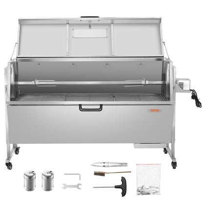 60W Rotisserie Grill with Hooded Cover, 56 Inch Pig Lamb Goat Rotisserie Grill Roaster, 286Lbs Capacity, Stainless Steel Charcoal Spit Roaster with Lockable Wheels, for Camping Outdoor Barbecue