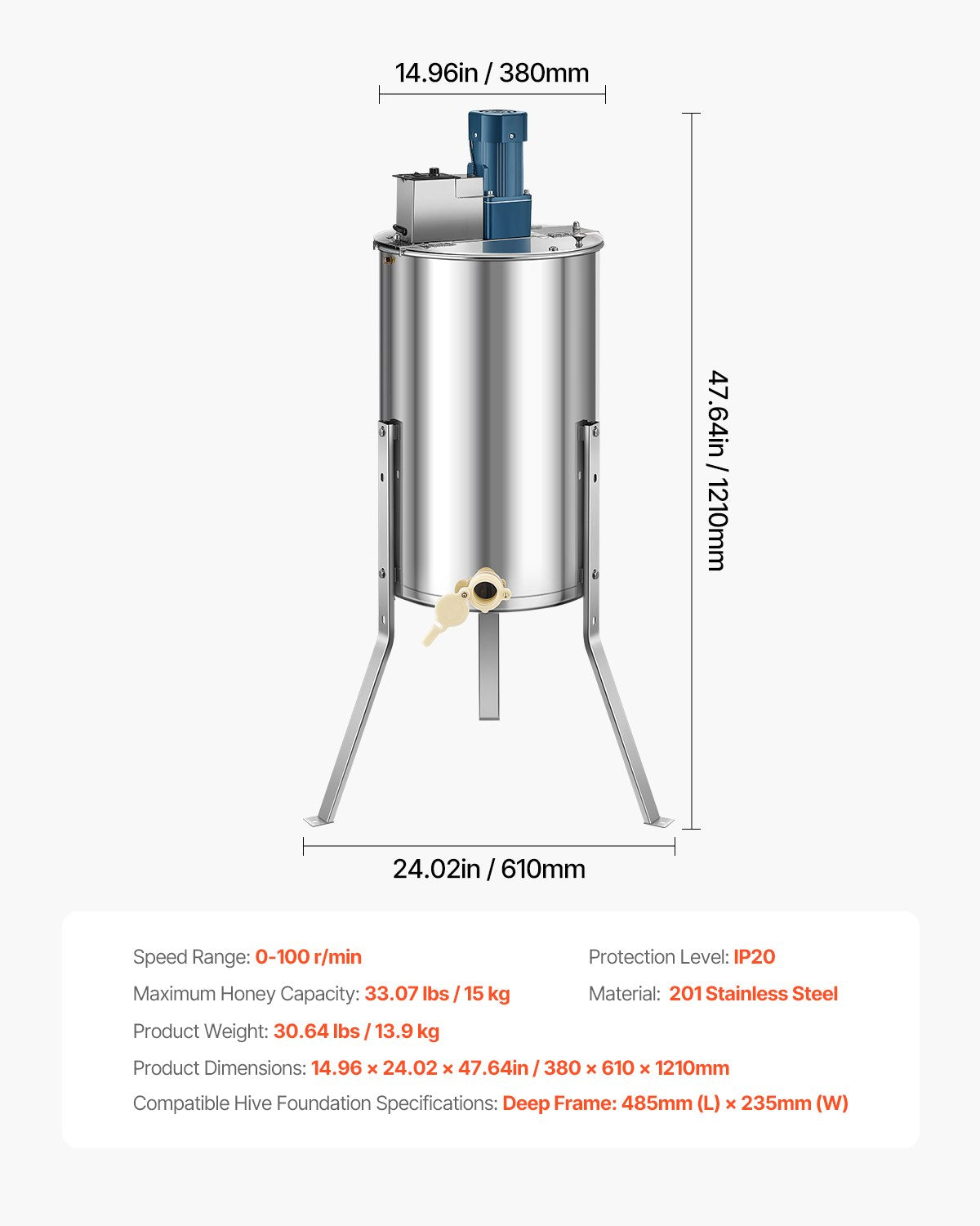 Electric Honey Extractor, 3 Frame Honey Spinner with Transparent Lid, 140W Stainless Steel Honeycomb Drum Spinner, Height Adjustable, Honeycomb Extraction Equipment for Beekeeping