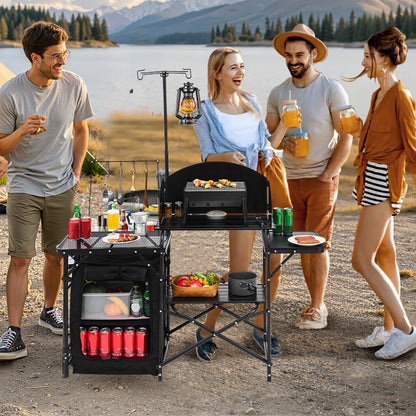 Camping Kitchen Table, Outdoor Camp Cooking Table, Aluminum Portable Cook Station with Storage Cupboard, Carrying Bag, Detachable Windscreen, Quick Set-up for BBQ Party Picnic RV Travel, Black