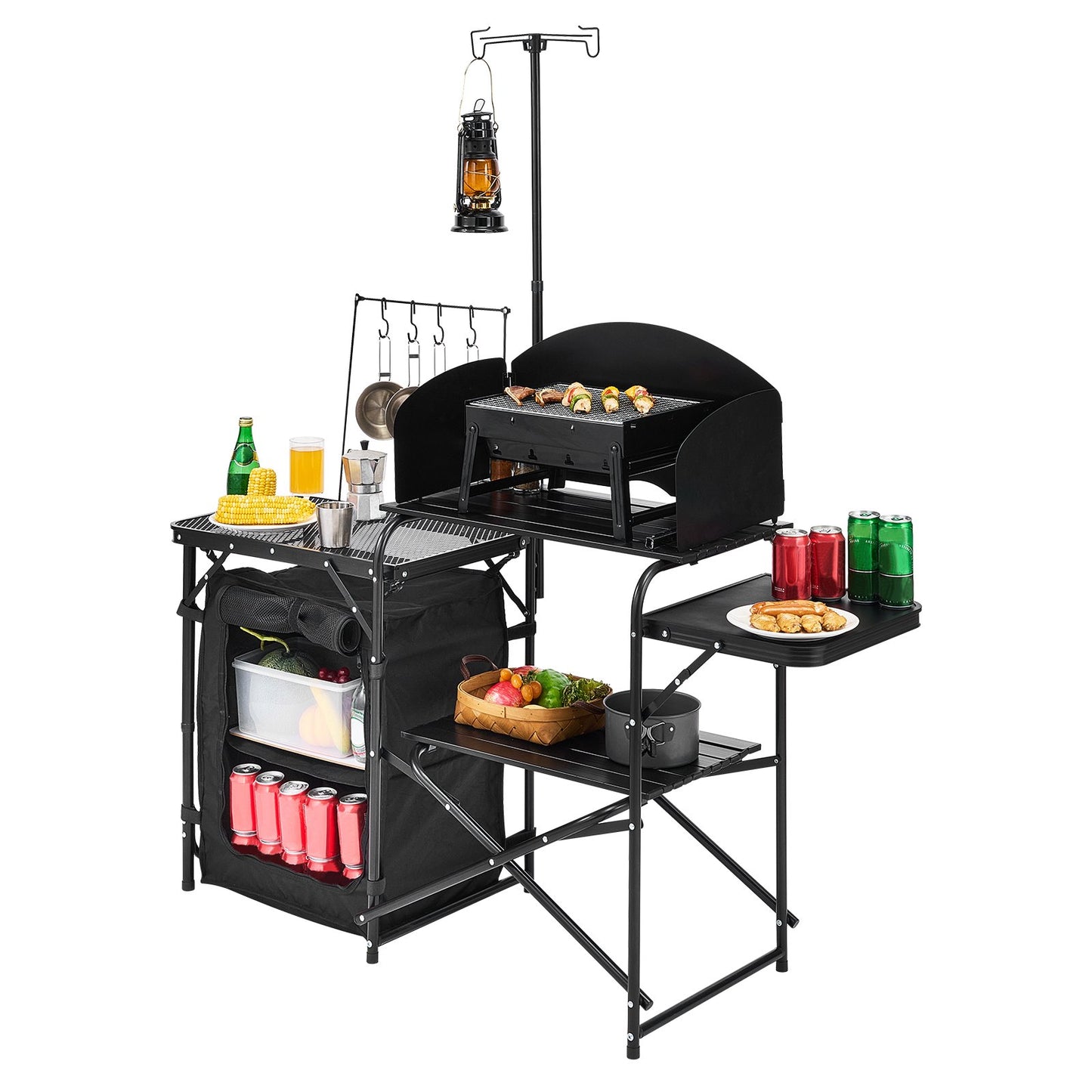 Camping Kitchen Table, Outdoor Camp Cooking Table, Aluminum Portable Cook Station with Storage Cupboard, Carrying Bag, Detachable Windscreen, Quick Set-up for BBQ Party Picnic RV Travel, Black