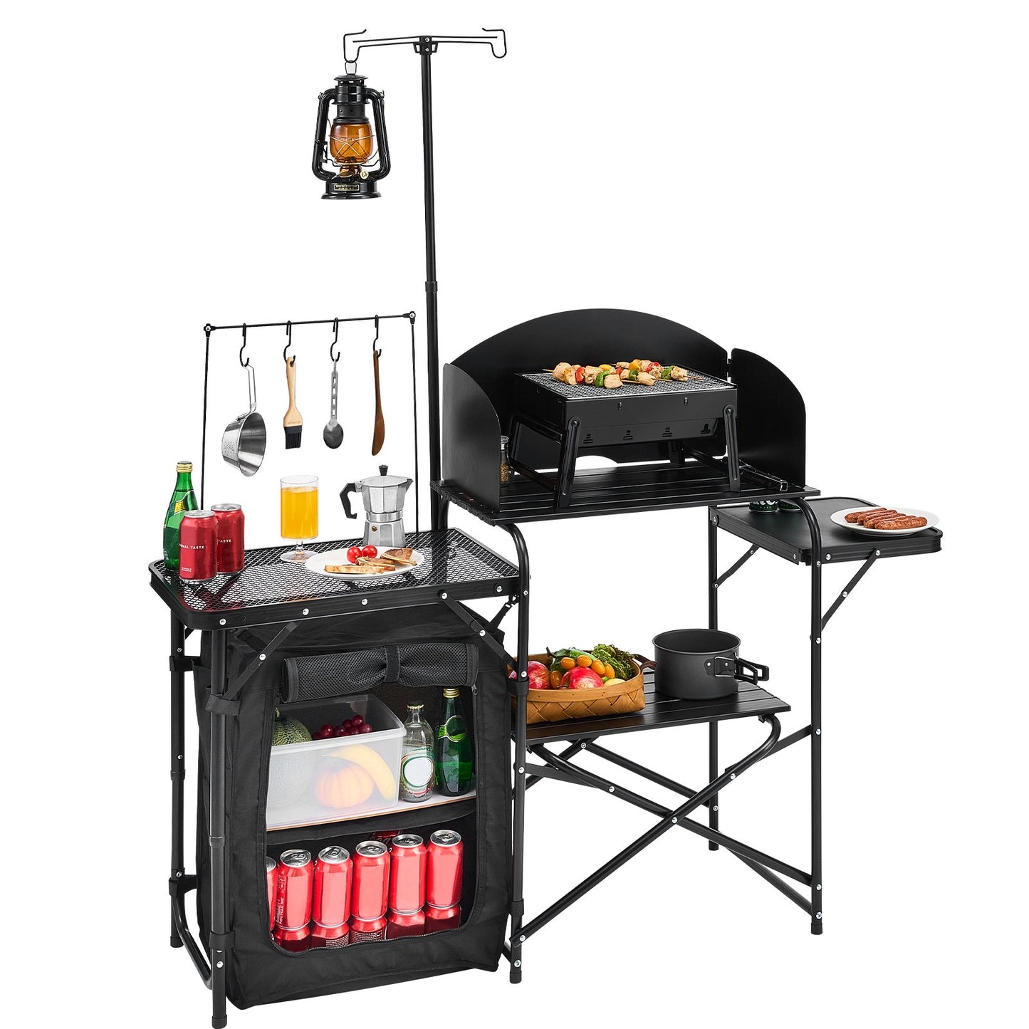 Camping Kitchen Table, Outdoor Camp Cooking Table, Aluminum Portable Cook Station with Storage Cupboard, Carrying Bag, Detachable Windscreen, Quick Set-up for BBQ Party Picnic RV Travel, Black