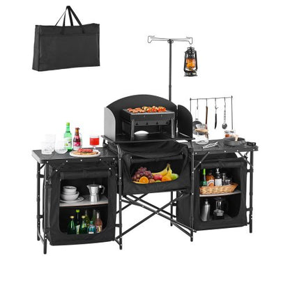 Camping Kitchen Table, Outdoor Camp Cooking Table, Aluminum Portable Cook Station with 3 Storage Cupboard, Carrying Bag, Detachable Windscreen, Quick Set-up for BBQ Party Picnic RV Travel, Black
