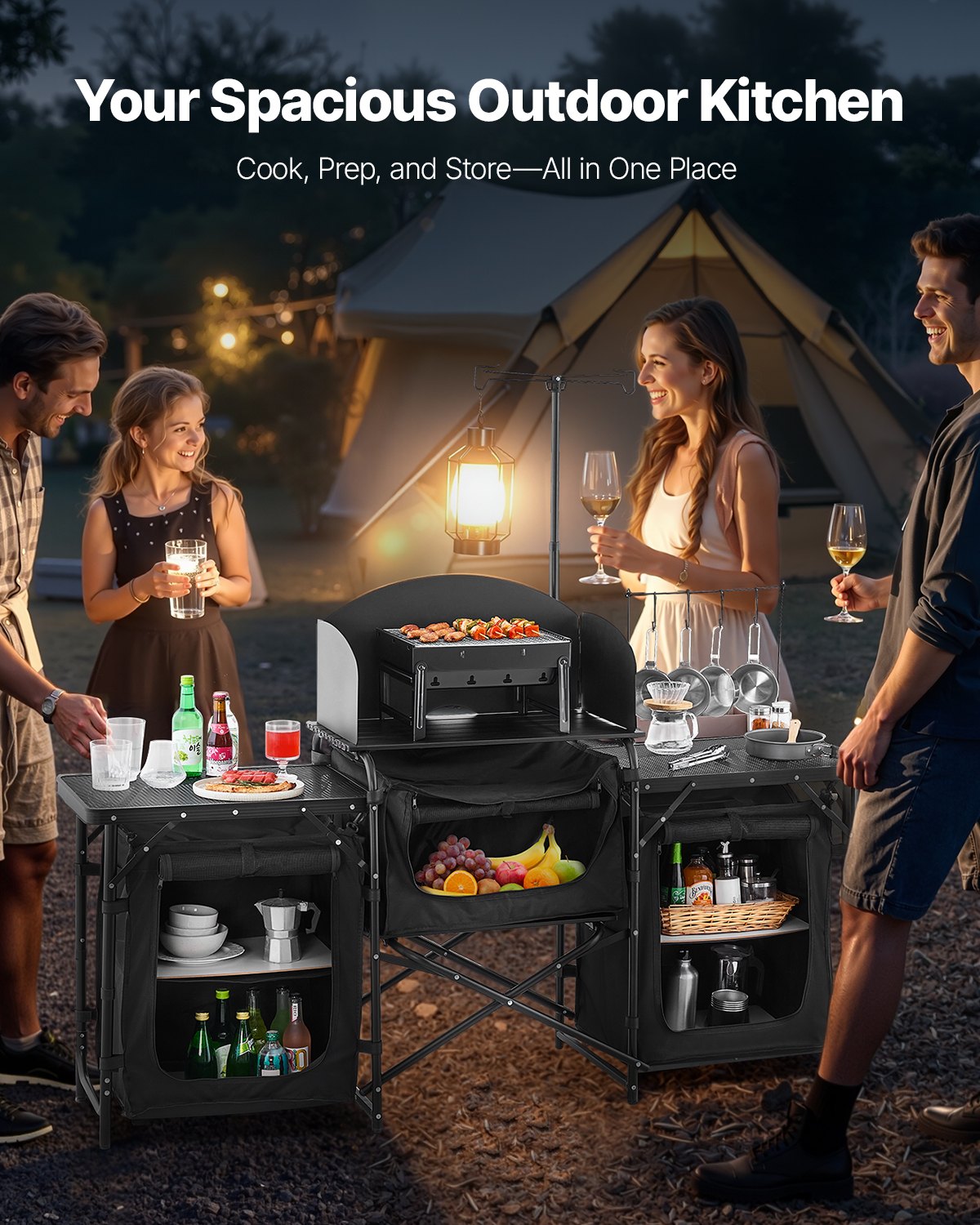 Camping Kitchen Table, Outdoor Camp Cooking Table, Aluminum Portable Cook Station with 3 Storage Cupboard, Carrying Bag, Detachable Windscreen, Quick Set-up for BBQ Party Picnic RV Travel, Black