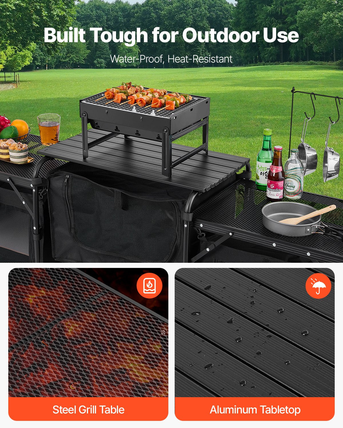 Camping Kitchen Table, Outdoor Camp Cooking Table, Aluminum Portable Cook Station with 3 Storage Cupboard, Carrying Bag, Detachable Windscreen, Quick Set-up for BBQ Party Picnic RV Travel, Black