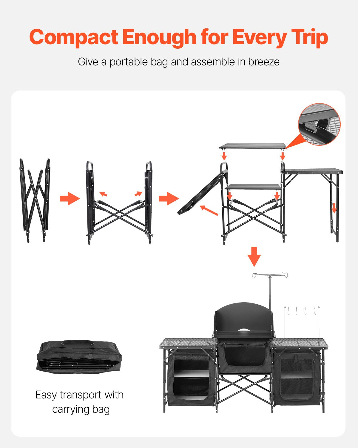 Camping Kitchen Table, Outdoor Camp Cooking Table, Aluminum Portable Cook Station with 3 Storage Cupboard, Carrying Bag, Detachable Windscreen, Quick Set-up for BBQ Party Picnic RV Travel, Black