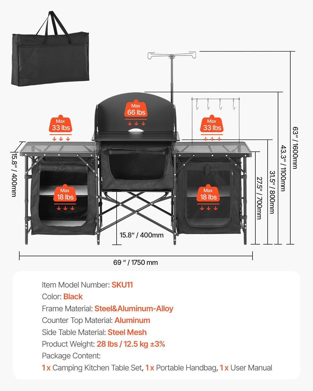 Camping Kitchen Table, Outdoor Camp Cooking Table, Aluminum Portable Cook Station with 3 Storage Cupboard, Carrying Bag, Detachable Windscreen, Quick Set-up for BBQ Party Picnic RV Travel, Black