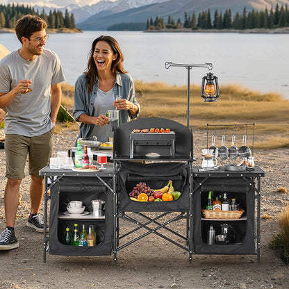 Camping Kitchen Table, Outdoor Camp Cooking Table, Aluminum Portable Cook Station with 3 Storage Cupboard, Carrying Bag, Detachable Windscreen, Quick Set-up for BBQ Party Picnic RV Travel, Black