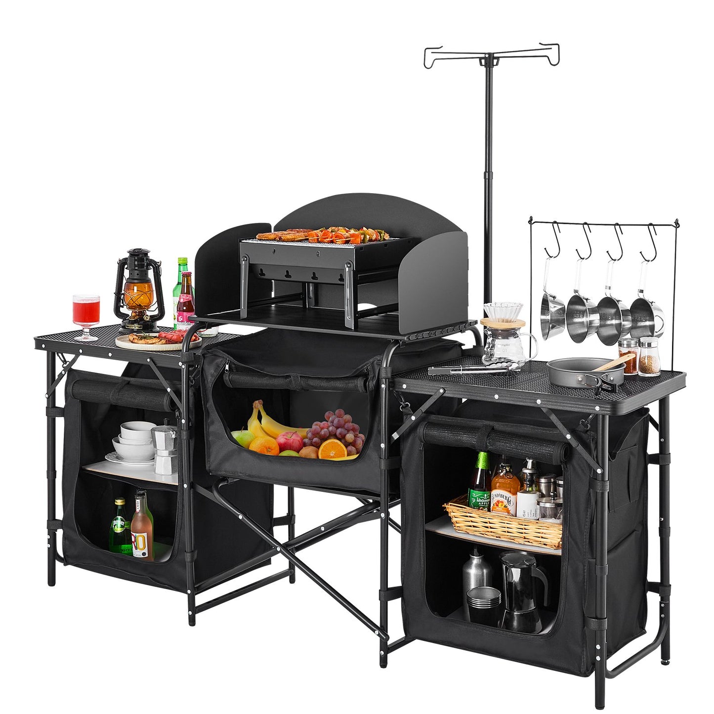 Camping Kitchen Table, Outdoor Camp Cooking Table, Aluminum Portable Cook Station with 3 Storage Cupboard, Carrying Bag, Detachable Windscreen, Quick Set-up for BBQ Party Picnic RV Travel, Black