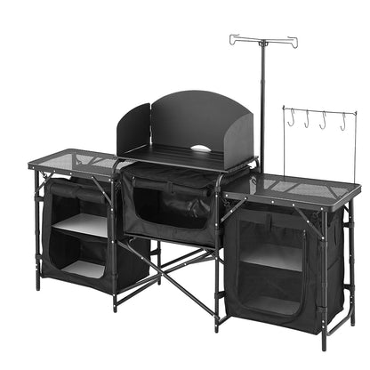 Camping Kitchen Table, Outdoor Camp Cooking Table, Aluminum Portable Cook Station with 3 Storage Cupboard, Carrying Bag, Detachable Windscreen, Quick Set-up for BBQ Party Picnic RV Travel, Black