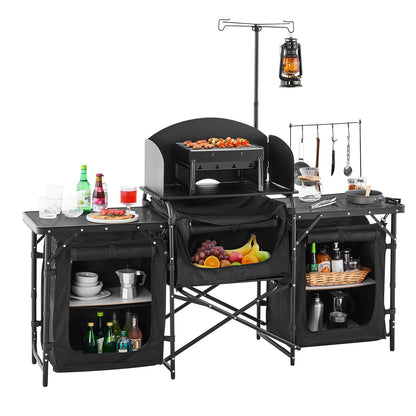 Camping Kitchen Table, Outdoor Camp Cooking Table, Aluminum Portable Cook Station with 3 Storage Cupboard, Carrying Bag, Detachable Windscreen, Quick Set-up for BBQ Party Picnic RV Travel, Black