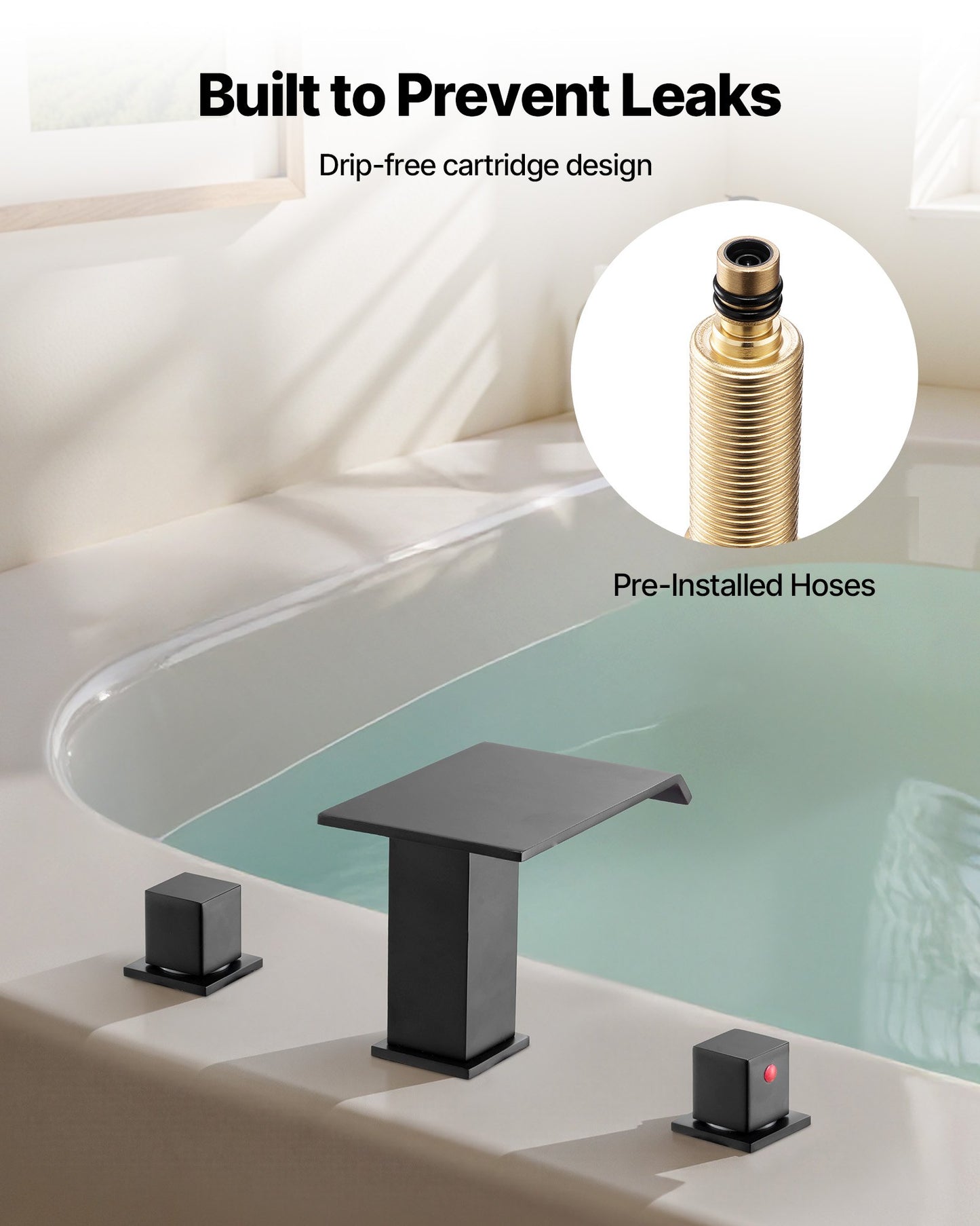 Roman Tub Faucet, 3 Hole Waterfall Bathtub Faucet, Bath Tubs Faucets Set with 2 Handles, Roman Tub Faucets Deck Mount for Pet Washing, Baby Care, Adult Bathing, Matte Black, Stainless Steel