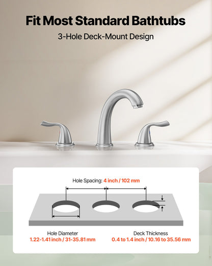Roman Tub Faucet, 3 Hole Waterfall Bathtub Faucet, Gooseneck Bath Tubs Faucets Set with 2 Handles, Deck Mount Bath Tub Faucets Set for Adult Bathing, Brushed Stainless Steel, High Arc Spout