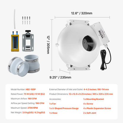 4 to 4.5 inch Radon Fan Installation Kit, Quiet 190CFM Radon Mitigation Fan System Kit with 2 Couplers, Pressure Indicator, Waterproof Inline Duct Fan Exhaust Fan for Indoor Outdoor Ventilation