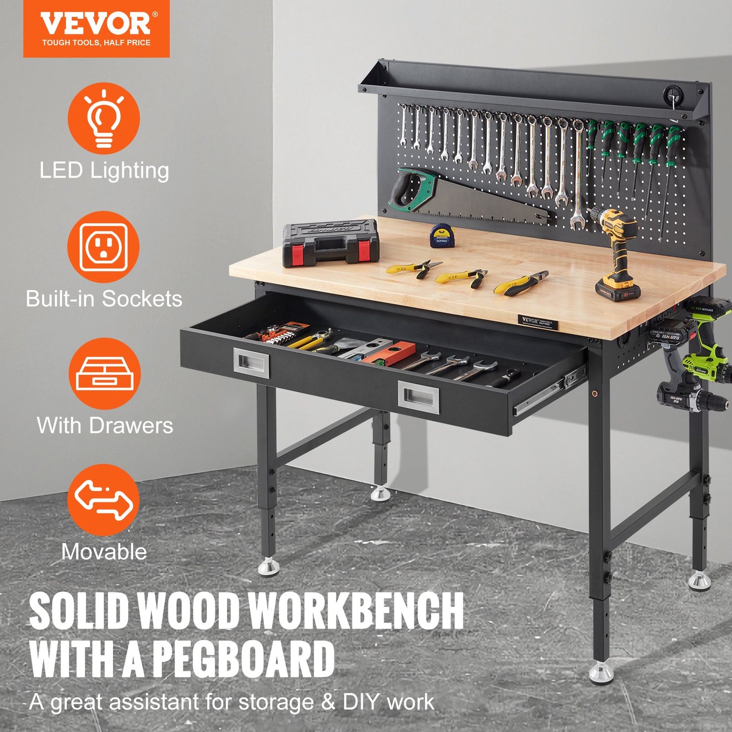 Workbench Adjustable Height 28-39.5" Work Bench For Garage Oak Plank & Carbon Steel Heavy Duty Workbench 2000lbs Weight Capacity Bench top Size 48x24" Hardwood Workbench 3m Cable 30 Hooks