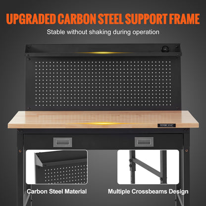 Workbench Adjustable Height 28-39.5" Work Bench For Garage Oak Plank & Carbon Steel Heavy Duty Workbench 2000lbs Weight Capacity Bench top Size 48x24" Hardwood Workbench 3m Cable 30 Hooks