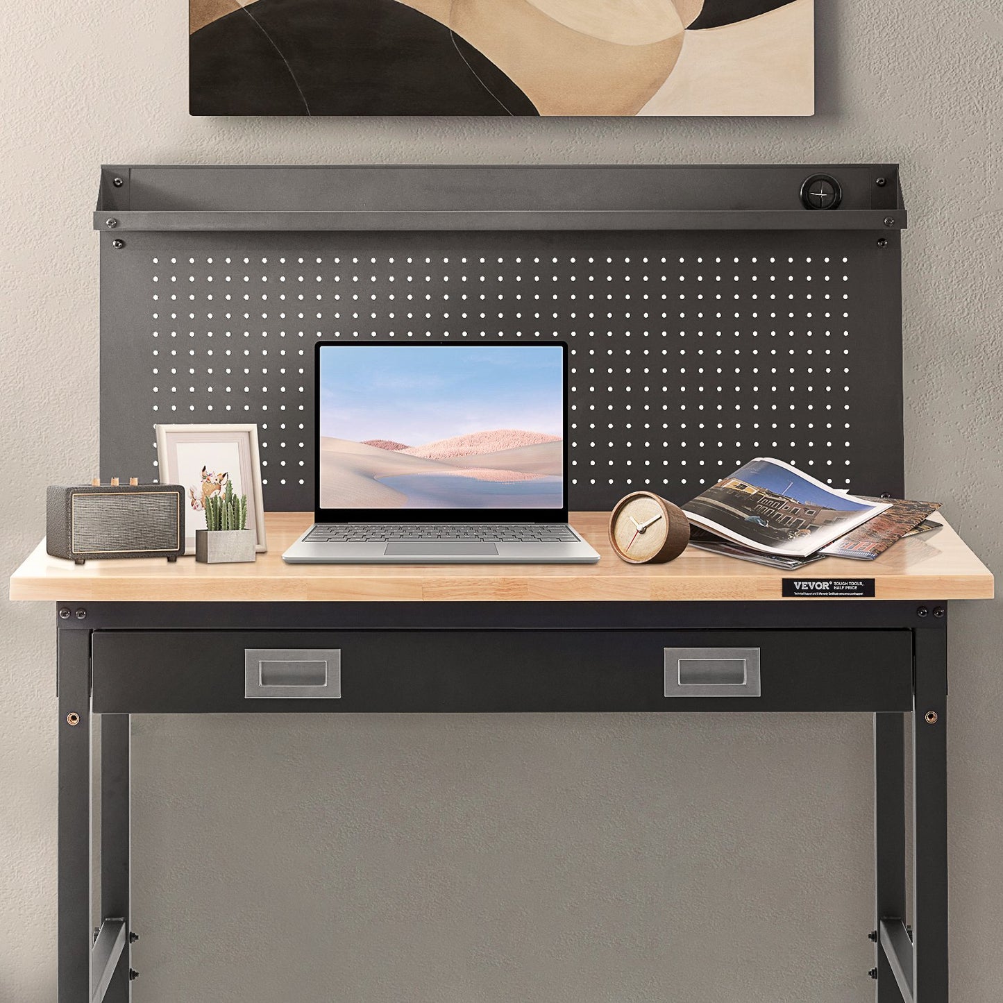 Workbench Adjustable Height 28-39.5" Work Bench For Garage Oak Plank & Carbon Steel Heavy Duty Workbench 2000lbs Weight Capacity Bench top Size 48x24" Hardwood Workbench 3m Cable 30 Hooks