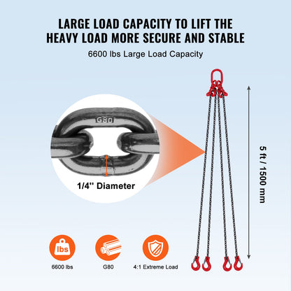 Chain Sling, 1/4 inch x 5 ft Lifting Chains with Hooks, G80 Engine Chain Hoist Lifts, 6600 lbs/3 Ton Lifting Sling Chains for Engine Hoist, Engine Lift Chain with 4 Leg Grab Hooks and Adjusters