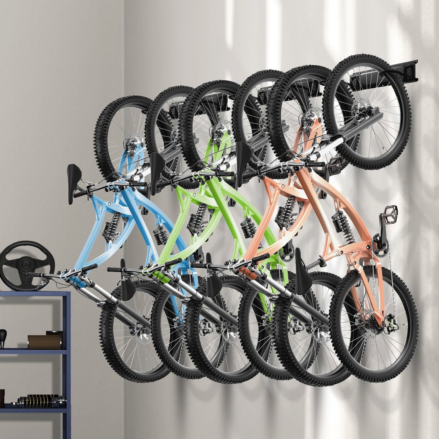 Bike Storage Rack, 6 Bike Racks and 5 Helmets Hooks, Wall Mount Bike Storage Hanger, Home & Garage Organizer, Customizable for Various Bike Sizes, Adjustable Holder, Holds Up to 300 lbs, 85-inch
