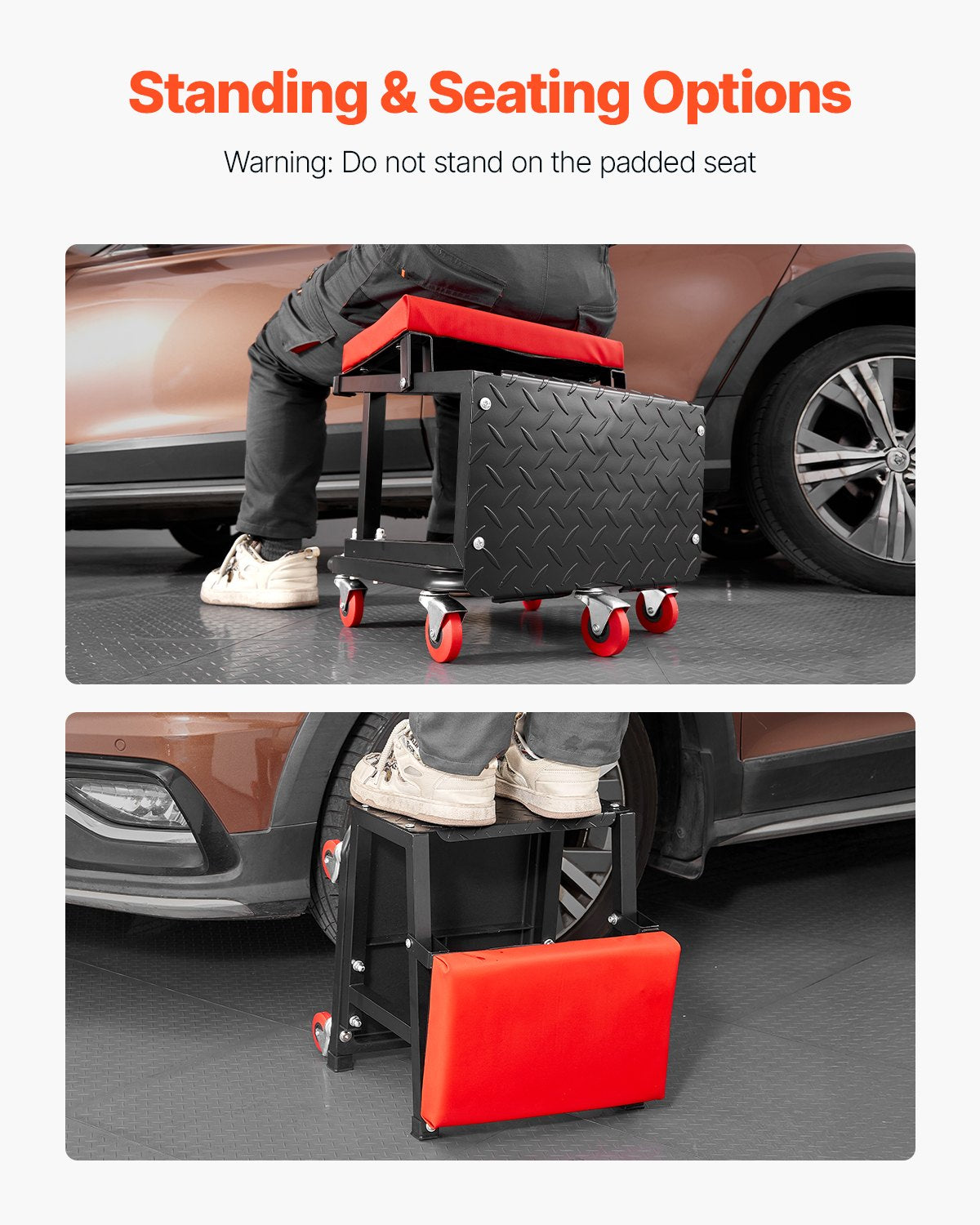 Mekanikerpall, kapacitet 136 kg garagestol/arbetspall med hjul, 360° svängbar verkstadspall med verktygslåda, krypstol/stegpall för mekaniker, för garage, verkstad och bilreparationer, svart