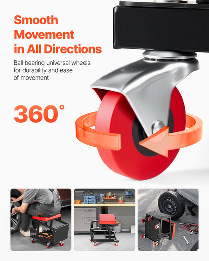 Mekanikerpall, kapacitet 136 kg garagestol/arbetspall med hjul, 360° svängbar verkstadspall med verktygslåda, krypstol/stegpall för mekaniker, för garage, verkstad och bilreparationer, svart
