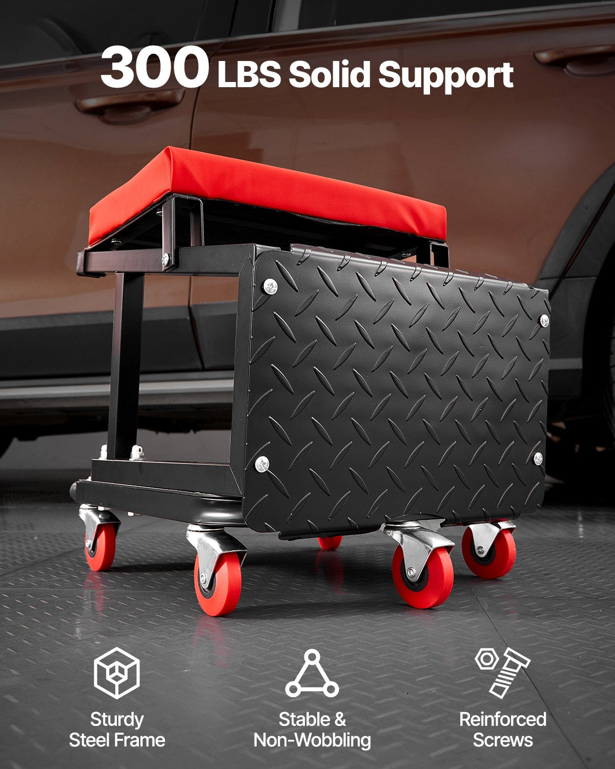 Mekanikerpall, kapacitet 136 kg garagestol/arbetspall med hjul, 360° svängbar verkstadspall med verktygslåda, krypstol/stegpall för mekaniker, för garage, verkstad och bilreparationer, svart