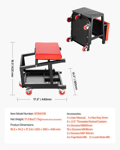 Mekanikerpall, kapacitet 136 kg garagestol/arbetspall med hjul, 360° svängbar verkstadspall med verktygslåda, krypstol/stegpall för mekaniker, för garage, verkstad och bilreparationer, svart