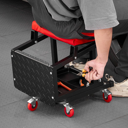 Mekanikerpall, kapacitet 136 kg garagestol/arbetspall med hjul, 360° svängbar verkstadspall med verktygslåda, krypstol/stegpall för mekaniker, för garage, verkstad och bilreparationer, svart