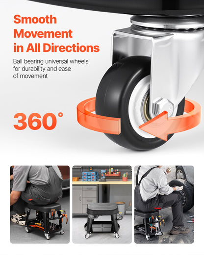 Mekanikerpall, kapacitet 136 kg Garagestol/arbetspall med hjul, 360° svängbar verkstadspall med verktygslåda och skruvmejselställ, kraftig, för garage, verkstad och bilreparationer, svart