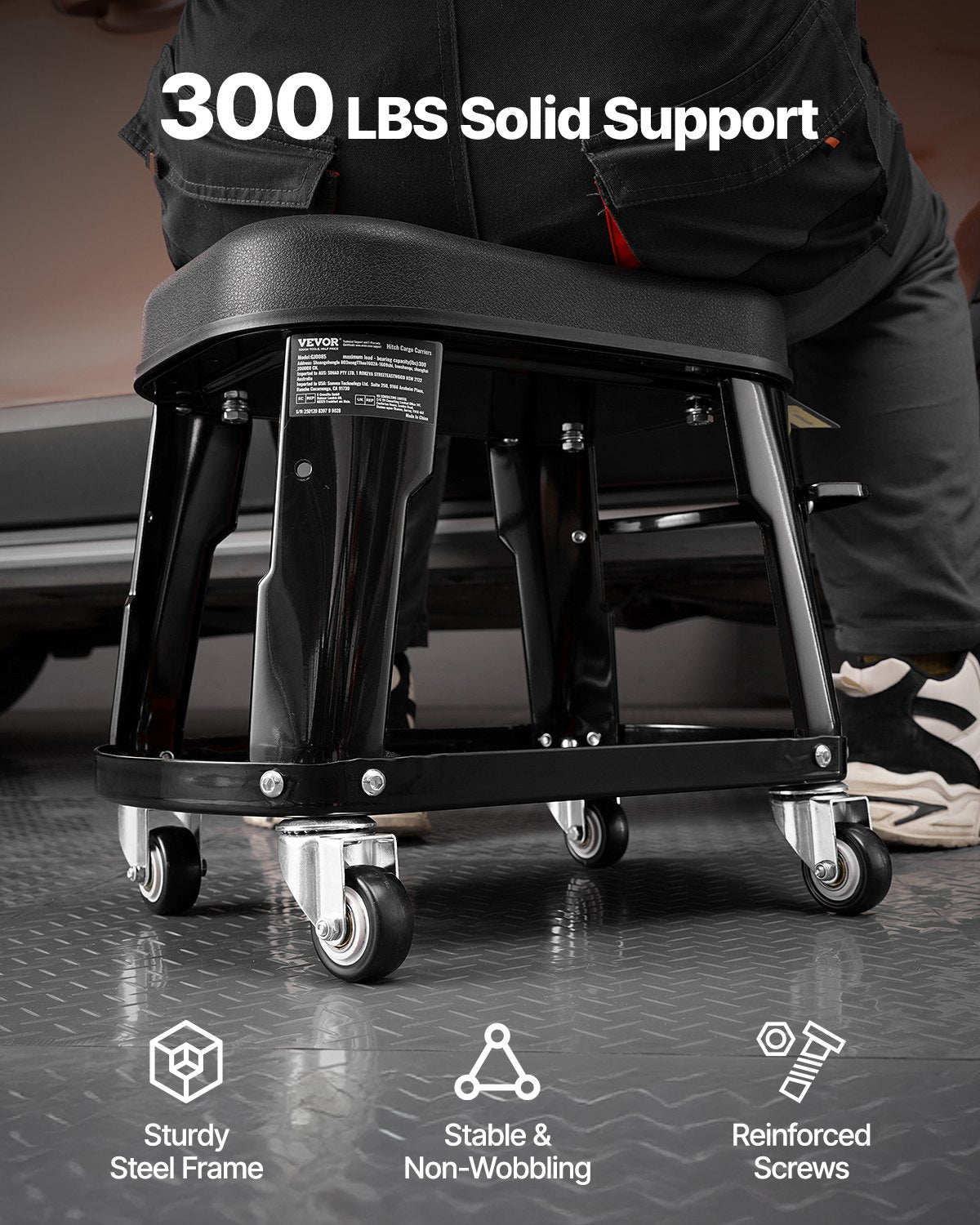 Mekanikerpall, kapacitet 136 kg Garagestol/arbetspall med hjul, 360° svängbar verkstadspall med verktygslåda och skruvmejselställ, kraftig, för garage, verkstad och bilreparationer, svart