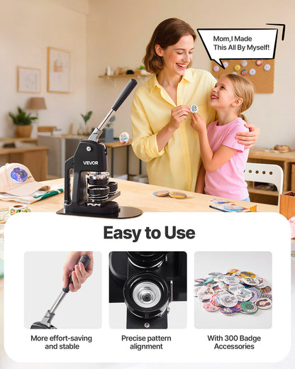 Knappmaskin, 32/58/75 mm 3-i-1, Plastnålstillverkare med 300 st knappdelar, Cirkelskärare och Magisk Bok, Förstärkt Ergonomiskt Handtag, För DIY-Brickor, Personliga Nålar, Svart