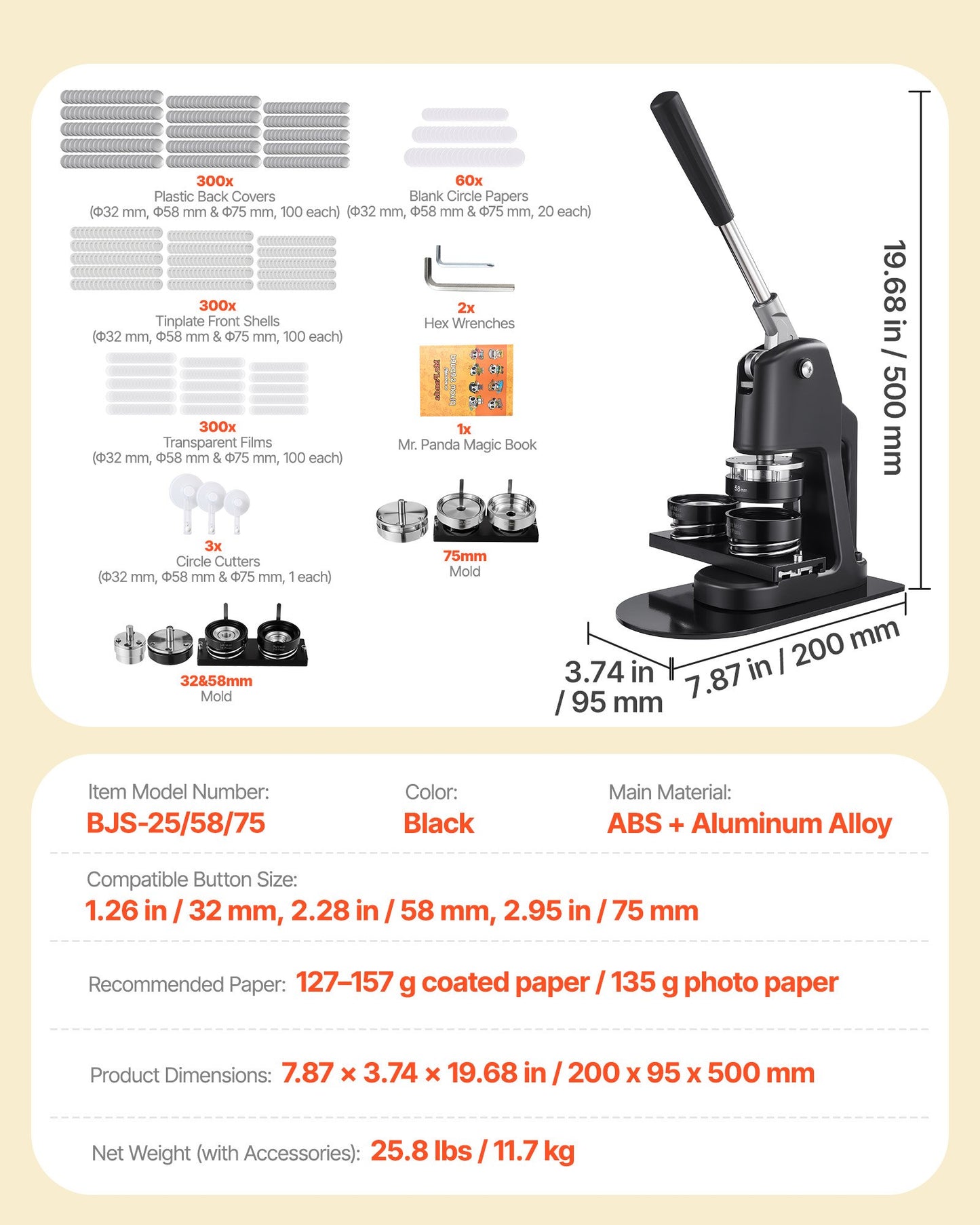 Knappmaskin, 32/58/75 mm 3-i-1, Plastnålstillverkare med 300 st knappdelar, Cirkelskärare och Magisk Bok, Förstärkt Ergonomiskt Handtag, För DIY-Brickor, Personliga Nålar, Svart