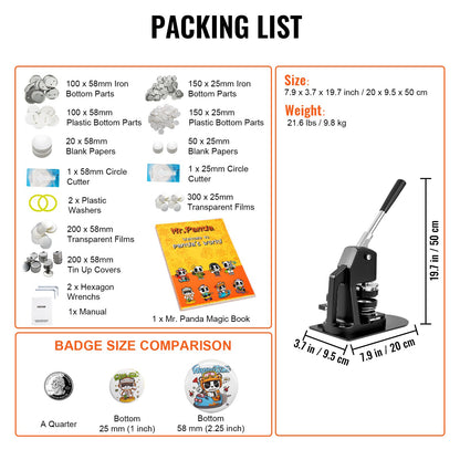 Knappmaskin, flera storlekar 1+2,25 tums stanspress för märkesmärken, barn DIY-presenter, knapptillverkningstillbehör med 500 st knappdelar och cirkelskärare och magisk bok